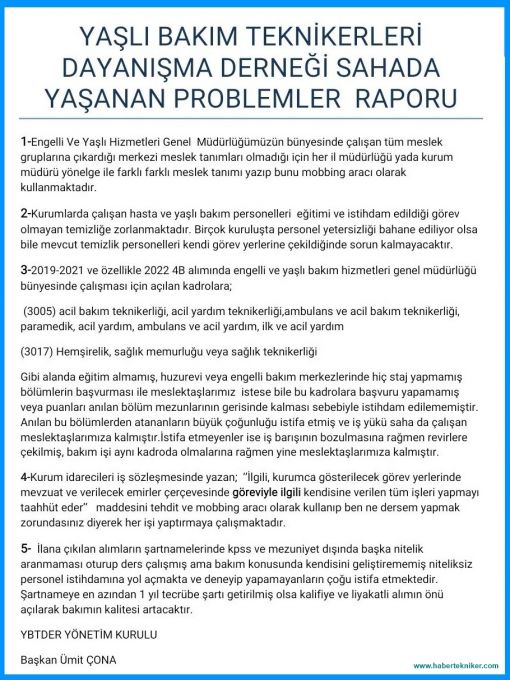 Yaşlı Bakım Teknikerlerinin Sahada Yaşadığı Problemler, YBTDER, HaberTekniker 